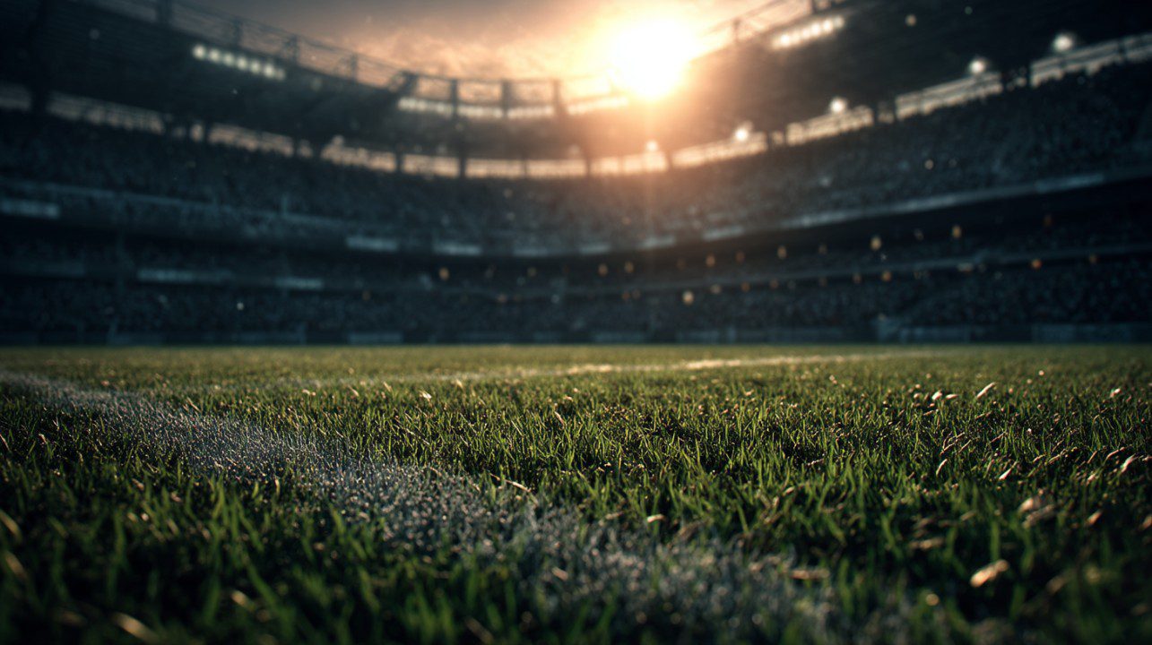 Football on turf at dusk